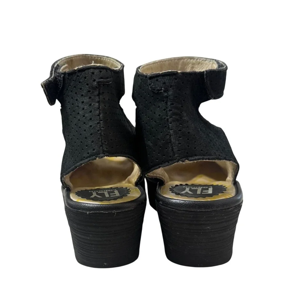 Fly London Yala Wedge Sandals  7 Black Good Perforated Suede P500376028